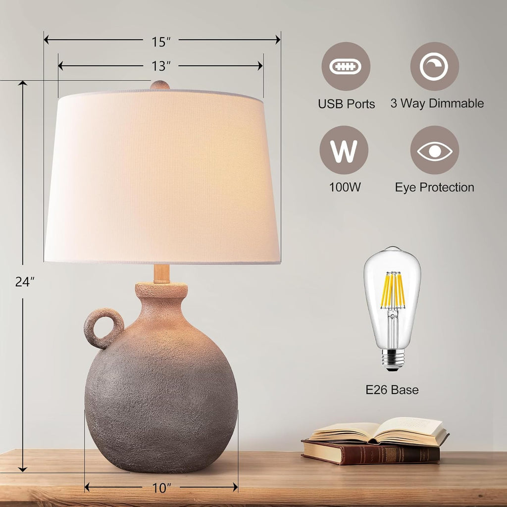 24-Inch Farmhouse Table Lamp, Resin Base, Brown, 3-Way Dimmable