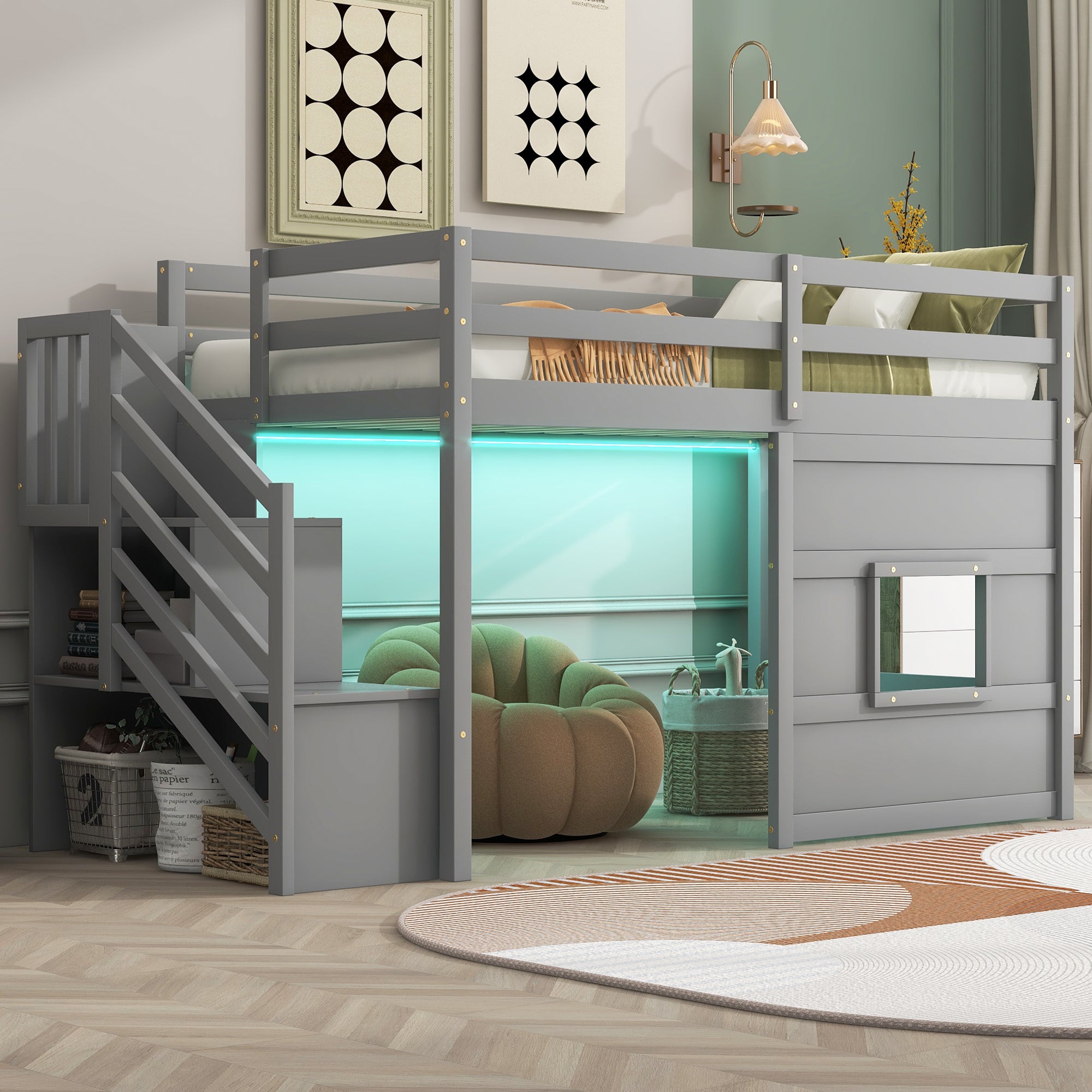 Twin Size Loft Bed with Storage Staircase and Window