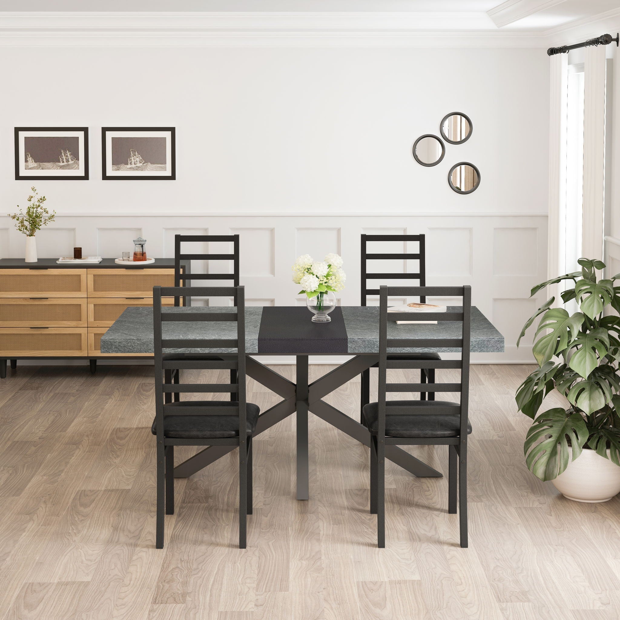 Rectangular Stretch Dining Table With 4 Chairs - Black / Gray