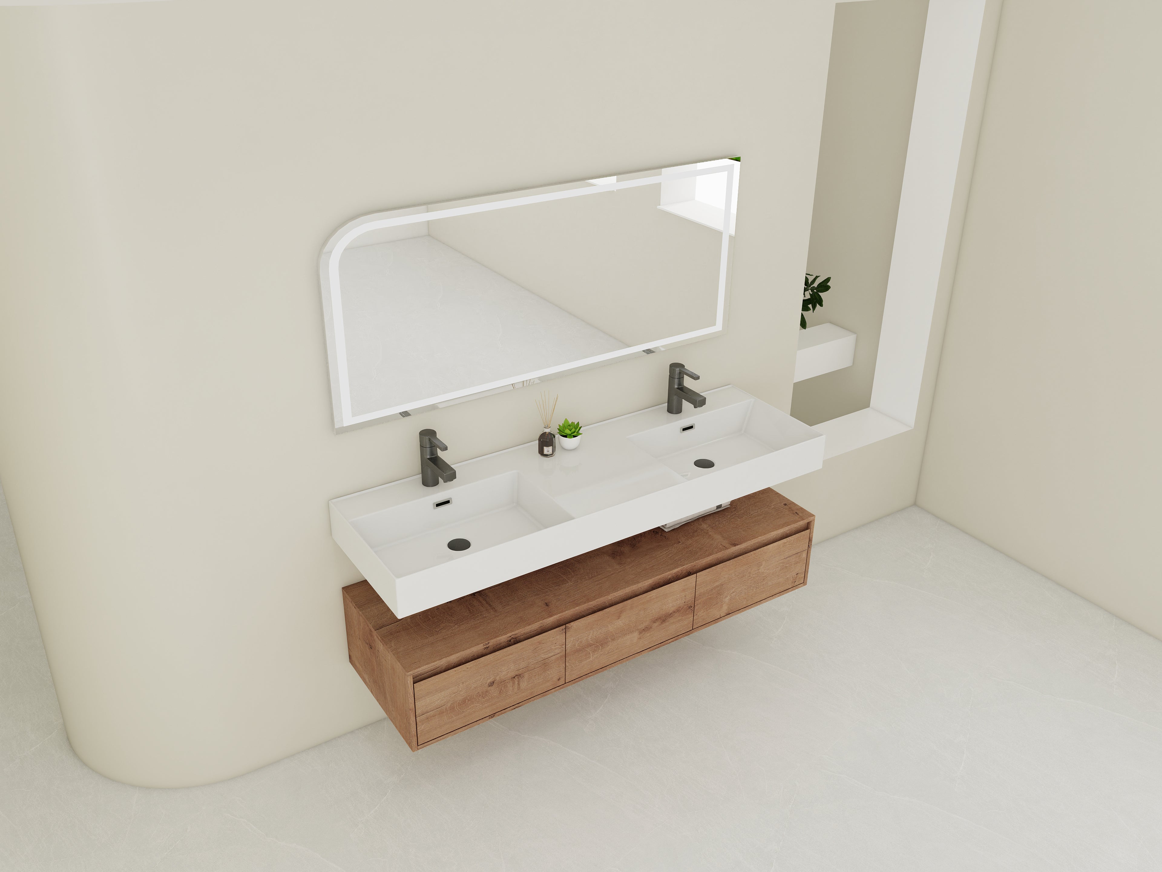 60 Inch Wall-Mounted Bathroom Vanity with Double Resin Sink
