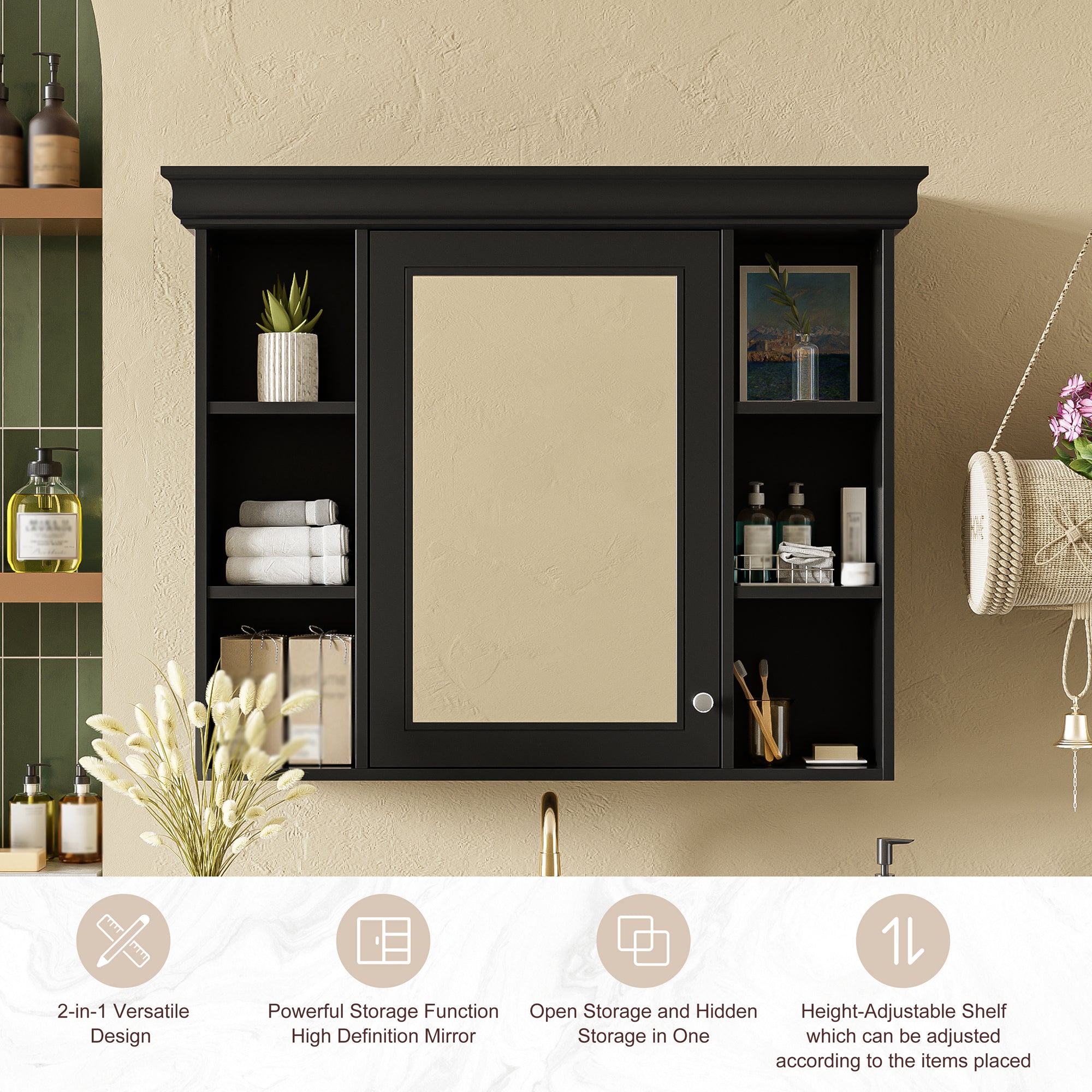 35'' x 28'' Black Wall Mounted Bathroom Storage Cabinet with Mirror Door