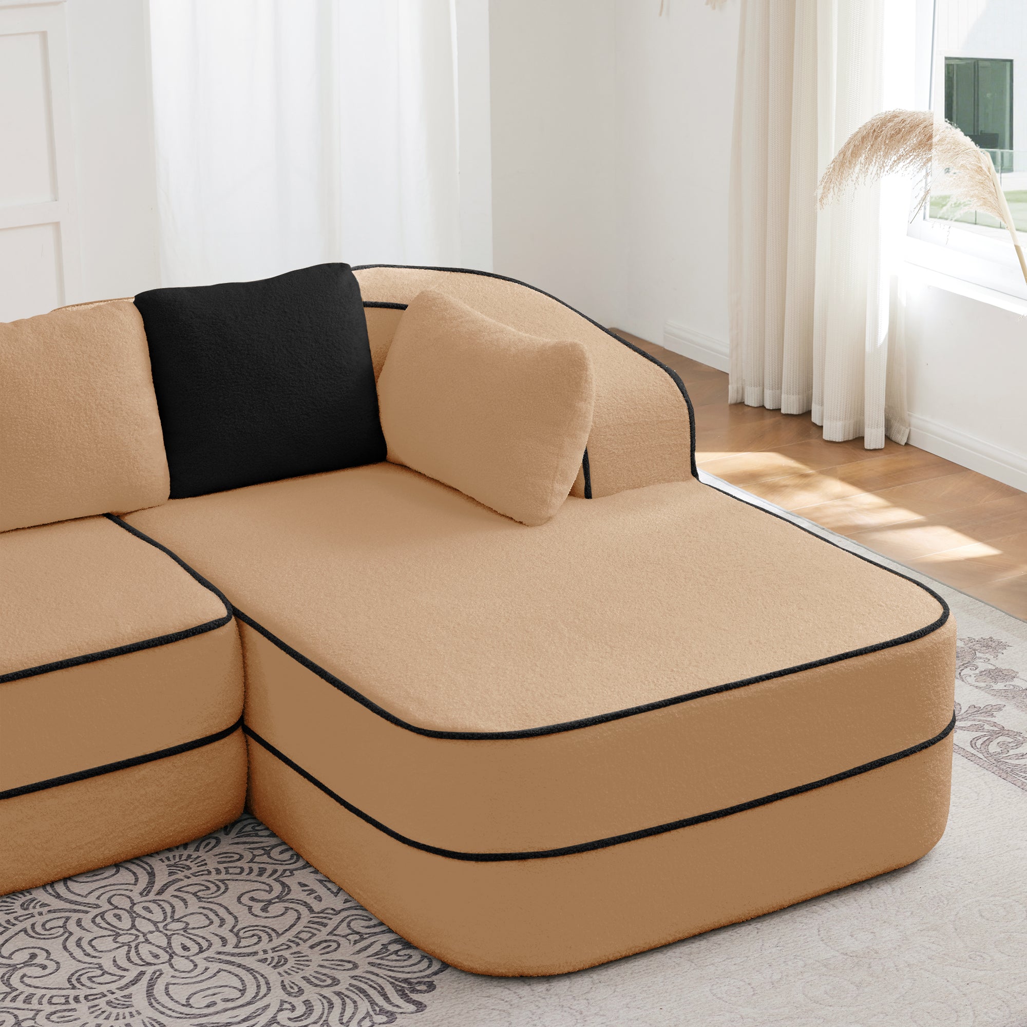 Elysees Right Chaise Sofa With Pillows - Camel Teddy Fabric