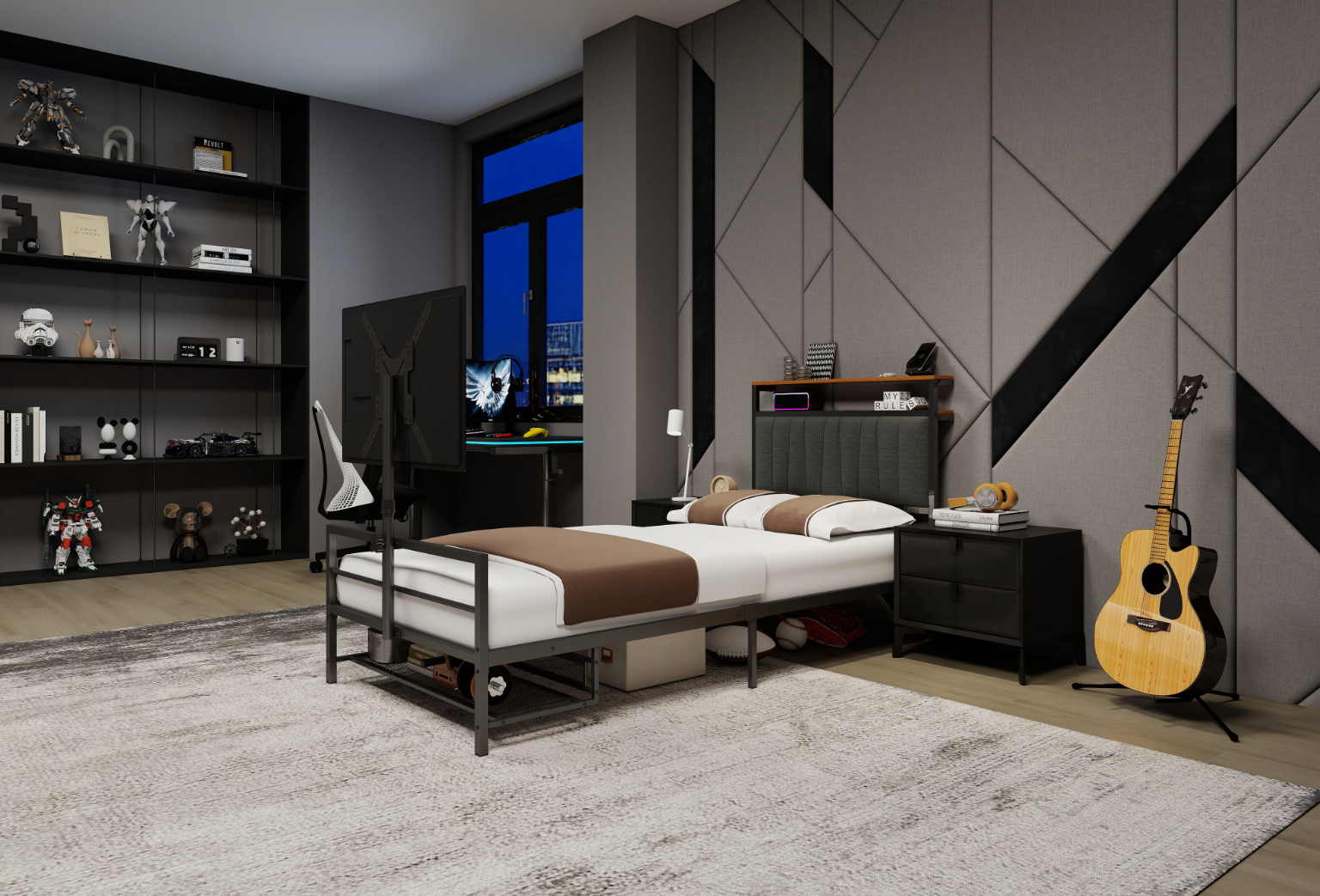Twin Size Gaming Bed With a Rotating TV Mount