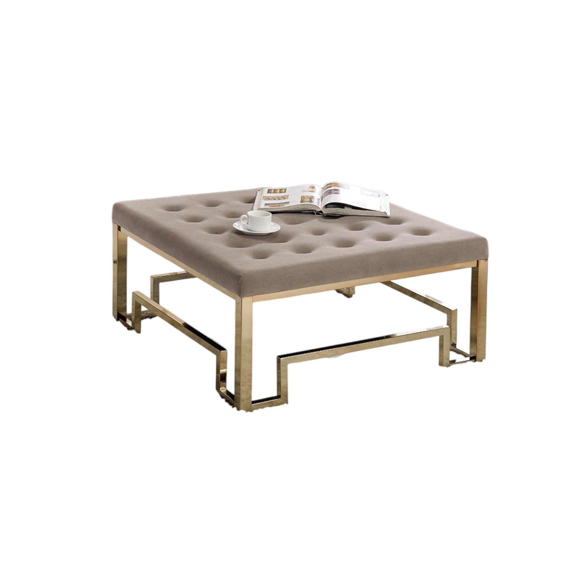 Damien Beige Fabric & Champagne Finish Cocktail Ottoman
