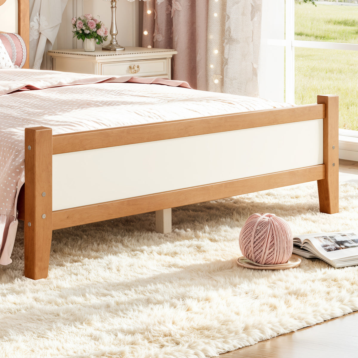 Full Size Wooden Platform Bed with Bow Headboard, Beige and Natural