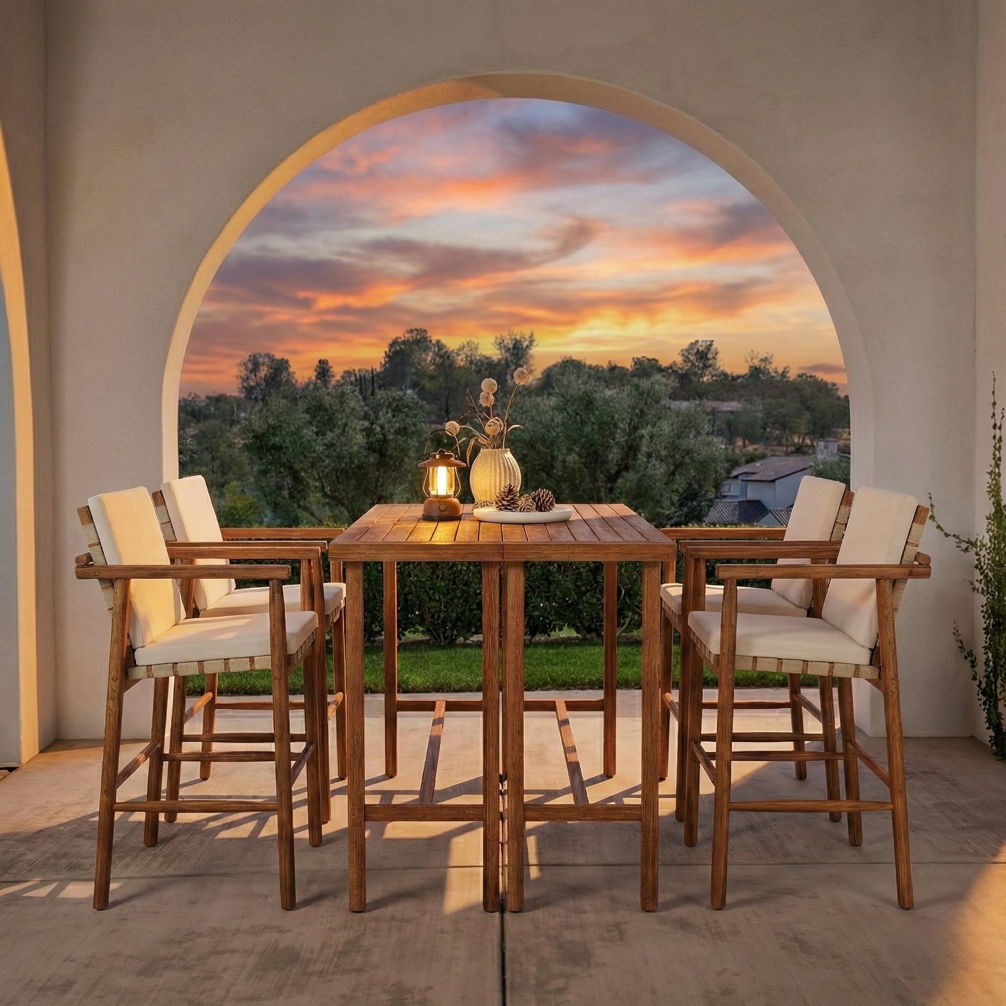 6 Piece Outdoor Bar Set with Acacia Wood Table & Cushioned Stools