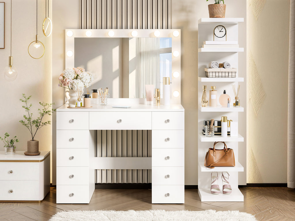 Makeup Vanity Desk with 11 Hollywood Bulbs and 7-Tier Storage Shelves