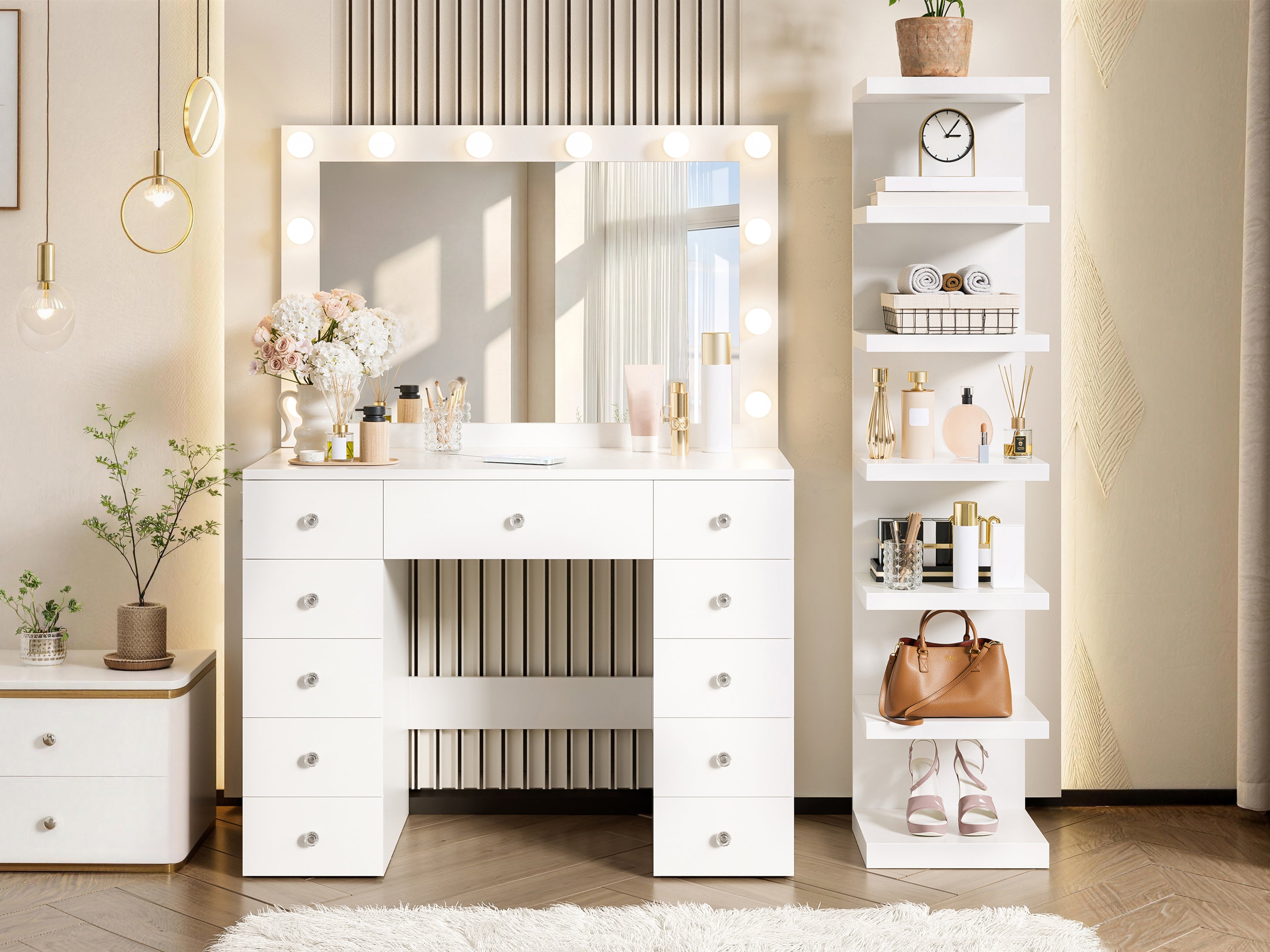 Makeup Vanity Desk with 11 Hollywood Bulbs and 7-Tier Storage Shelves