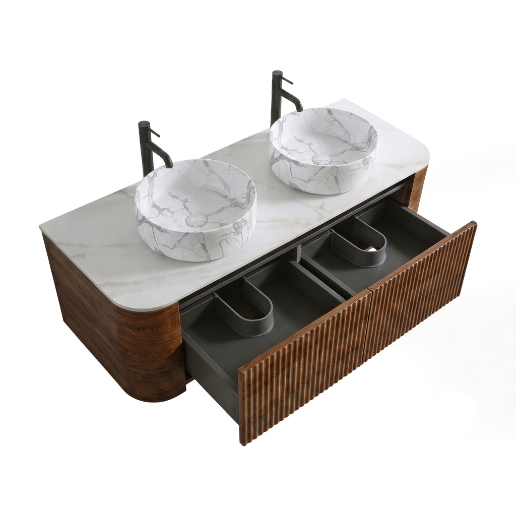 Erba 60-Inch Double Sink Bathroom Vanity, Walnut with Carrara White Ceramic