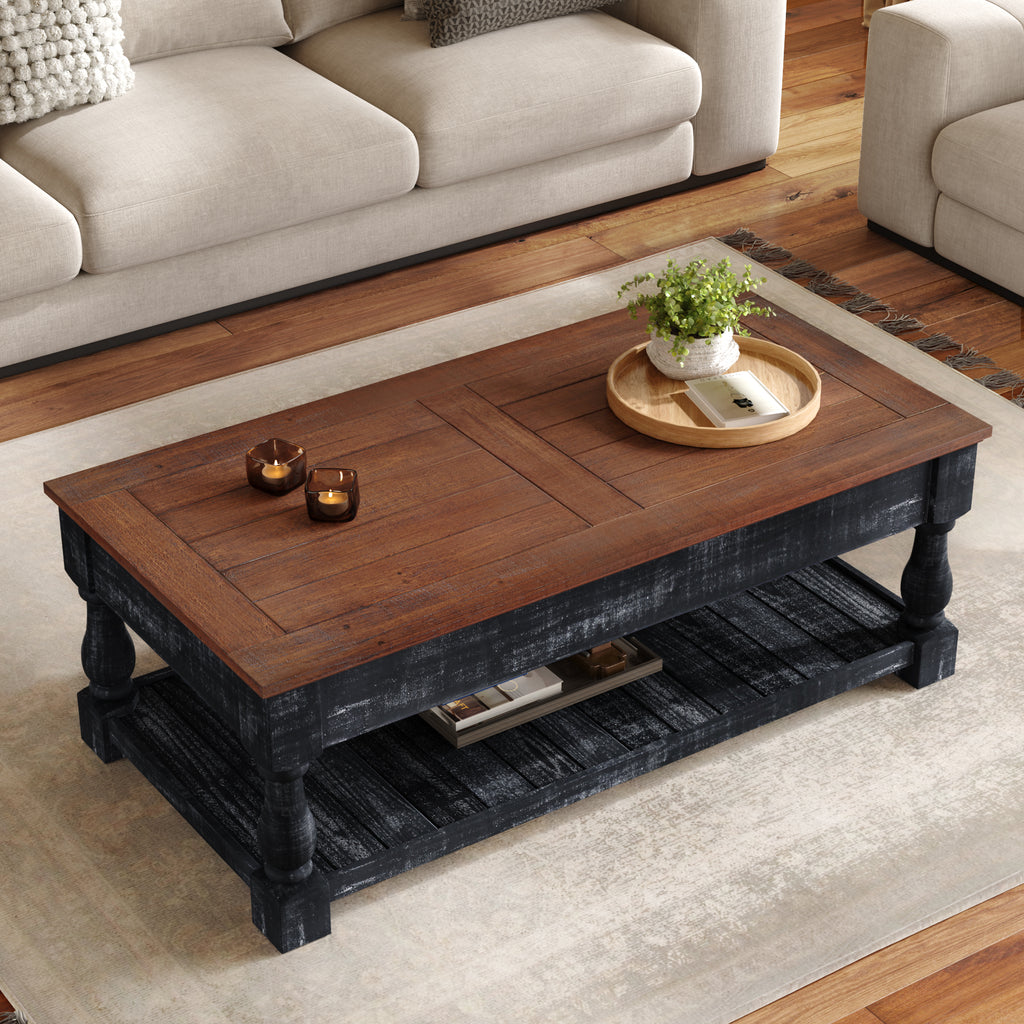 Retro Lift-Top Coffee Table with Hidden Storage and Lower Shelf, Antique Black