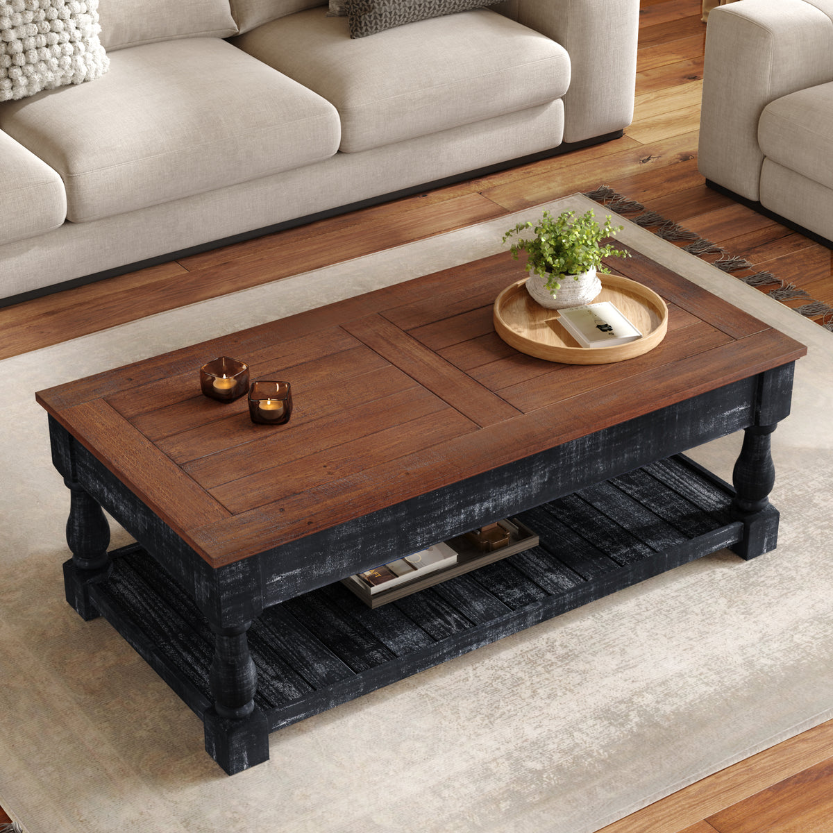 Retro Lift-Top Coffee Table with Hidden Storage and Lower Shelf, Antique Black