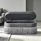 Oval Upholstered Storage Ottoman with Fringe Trim & Lift-Top Lid