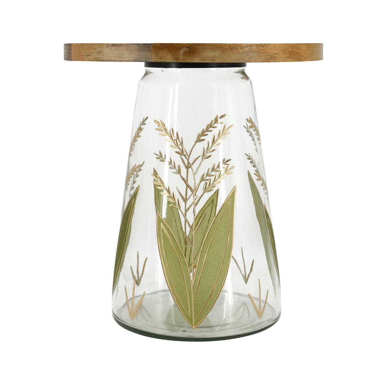 16x17.5" Glass Side Table with Wood Top and Hand-Painted Base