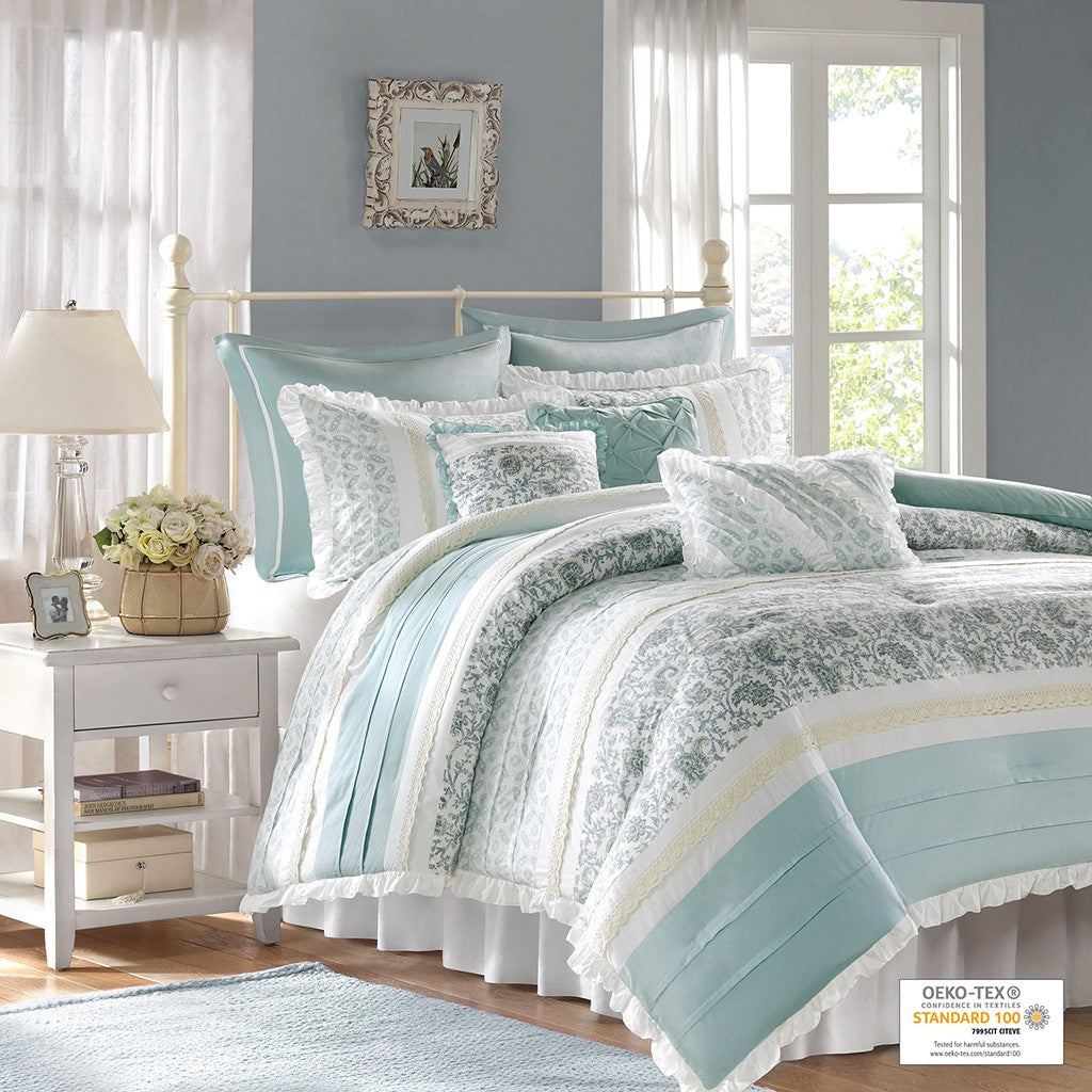 9 Piece Cotton Percale Comforter Set Aqua King