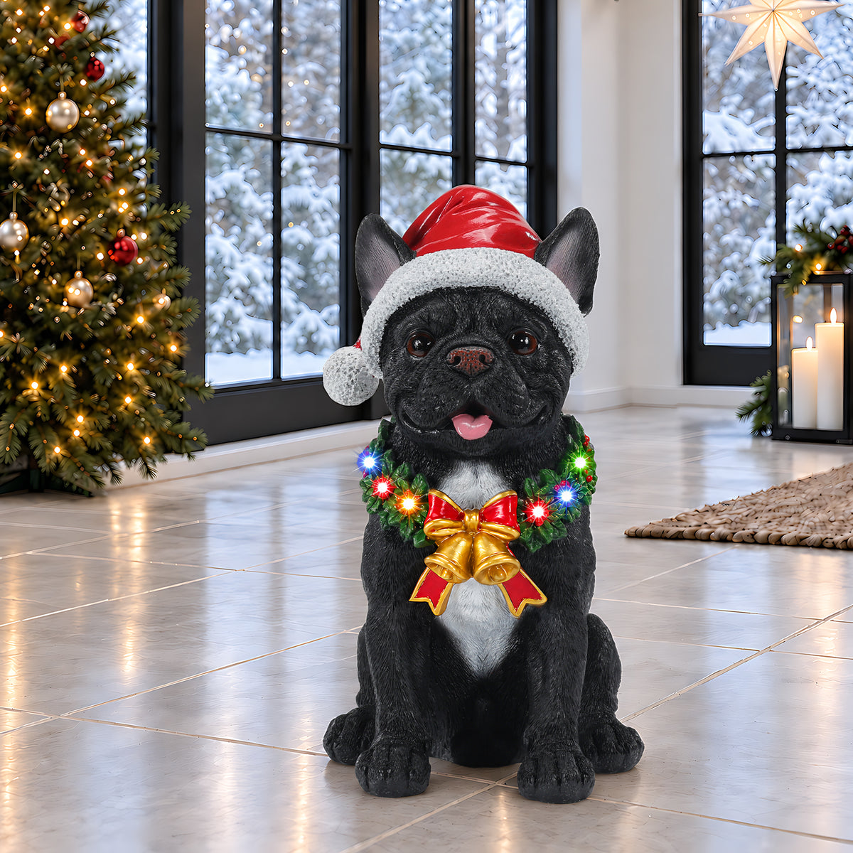 Lighted Christmas French Bulldog Statue, Black Resin, 14 Inches