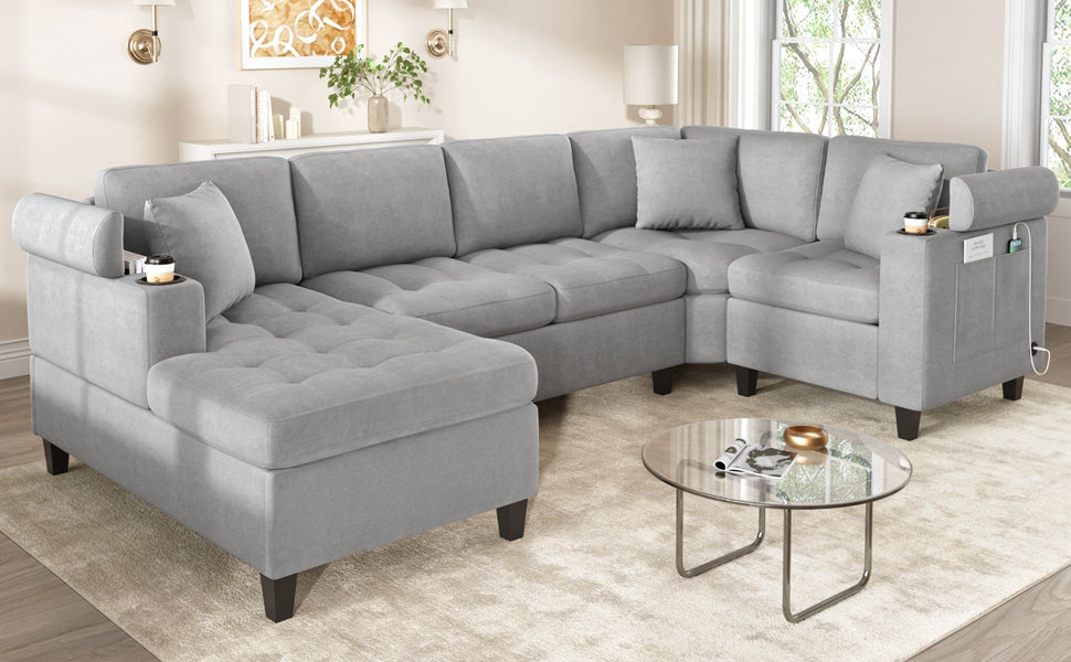 Modern U-Shaped Sectional Sofa with Cup Holders and USB Ports