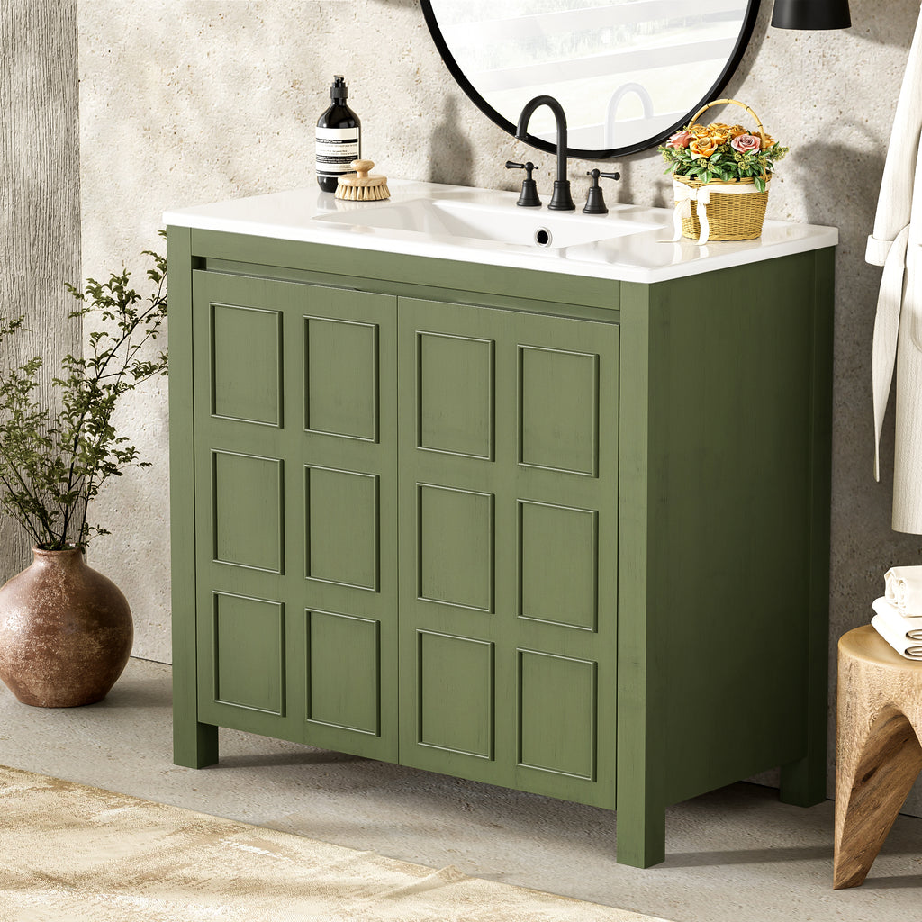 36" Bathroom Vanity Organizer with Ceramic Sink in Olive Green