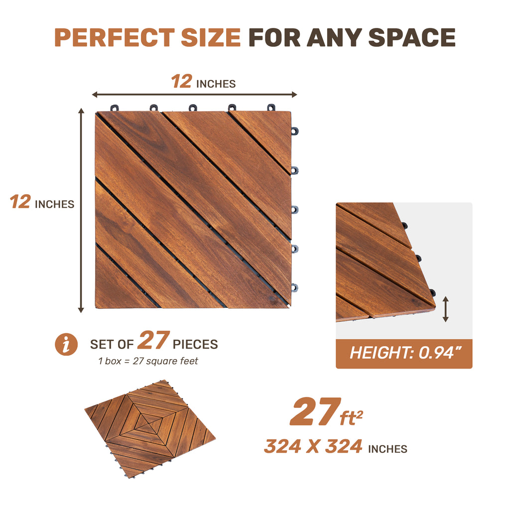 27 PCS Interlocking Acacia Wood Deck Tiles