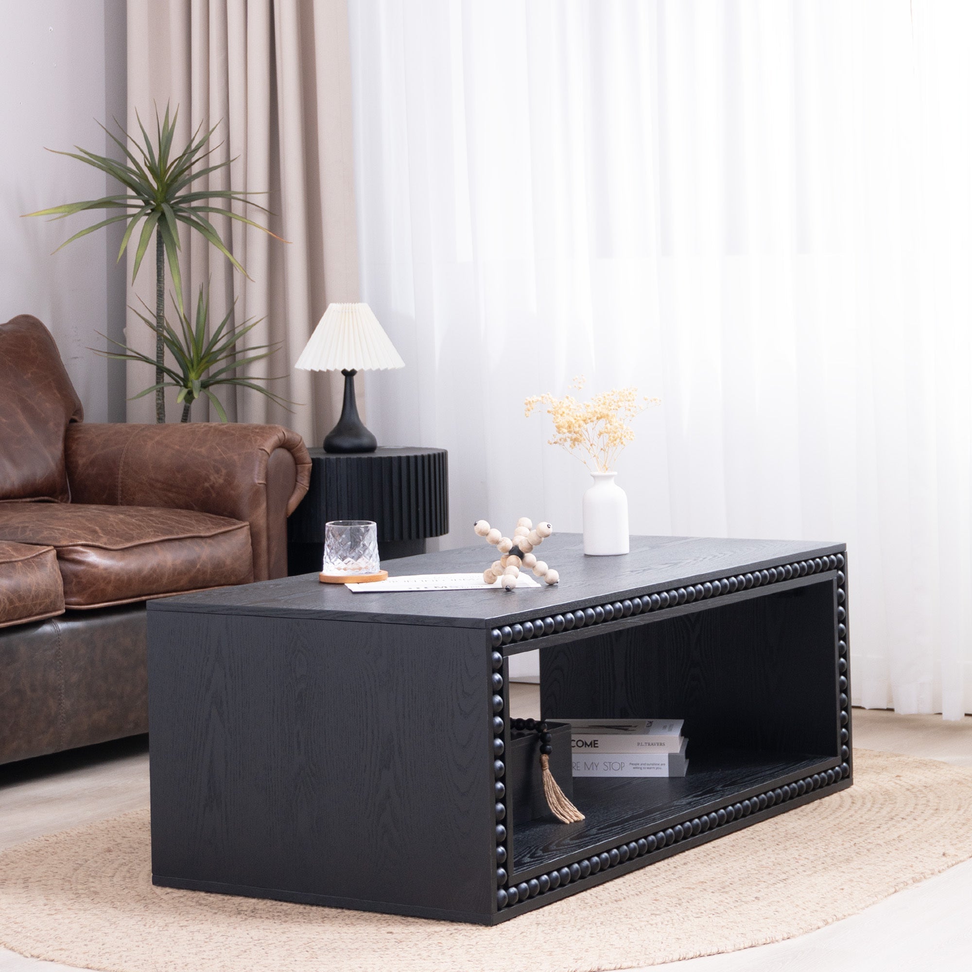 Black Beaded Edge Coffee Table – 47.6' Rectangular Center Table with Open Storage Shelf