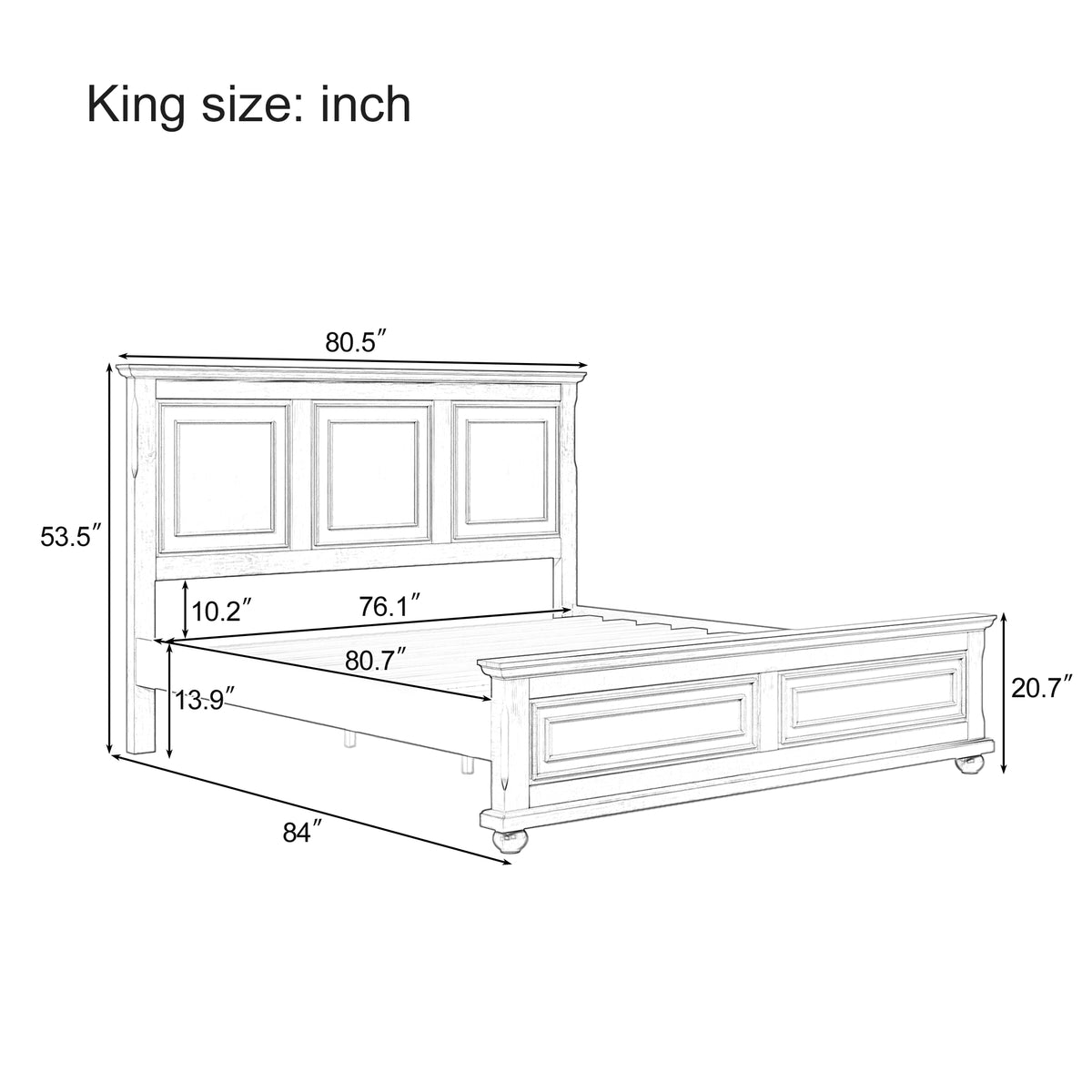 Traditional Pinewood Vintage Tall Headboard King Bed Frame