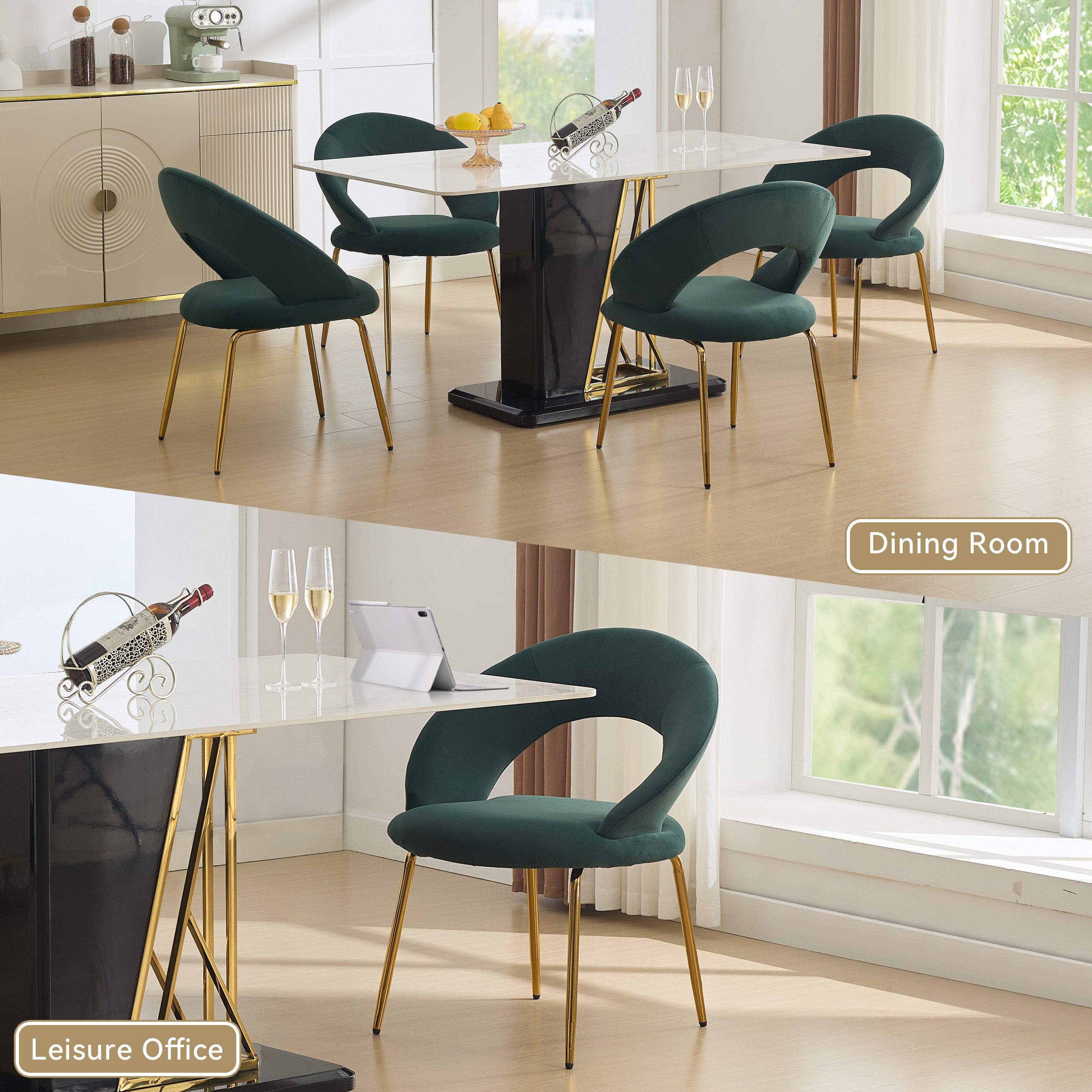Velvet Fabric Dining Chairs With Curved Backrest and Golden Metal Legs