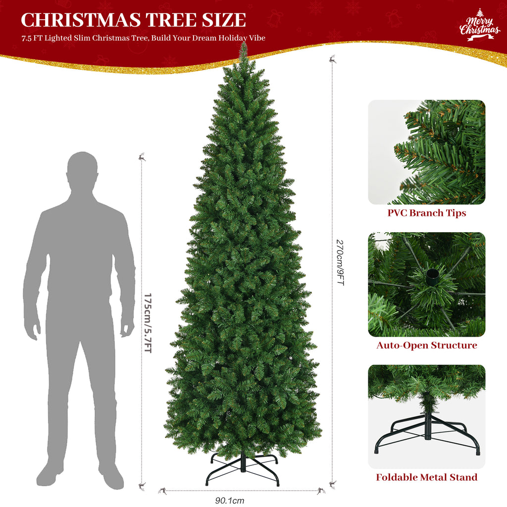 Prelit Pencil Christmas Tree, 9-Foot, Warm White & Multi-Color Lights