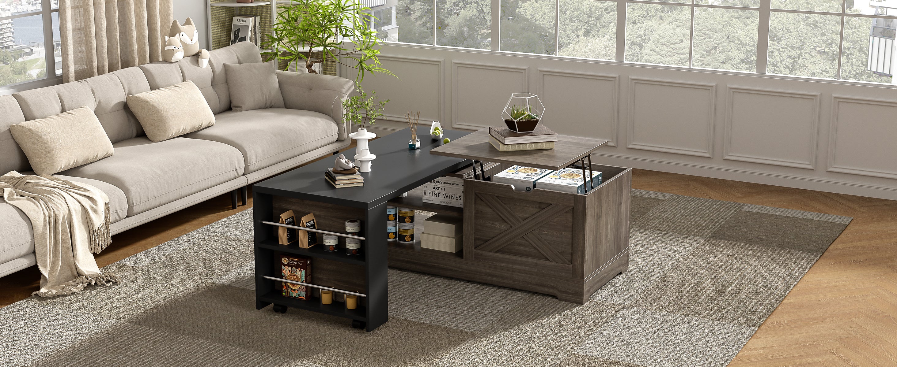 U-Can Farmhouse Lift Top Coffee Table With Barn Doors