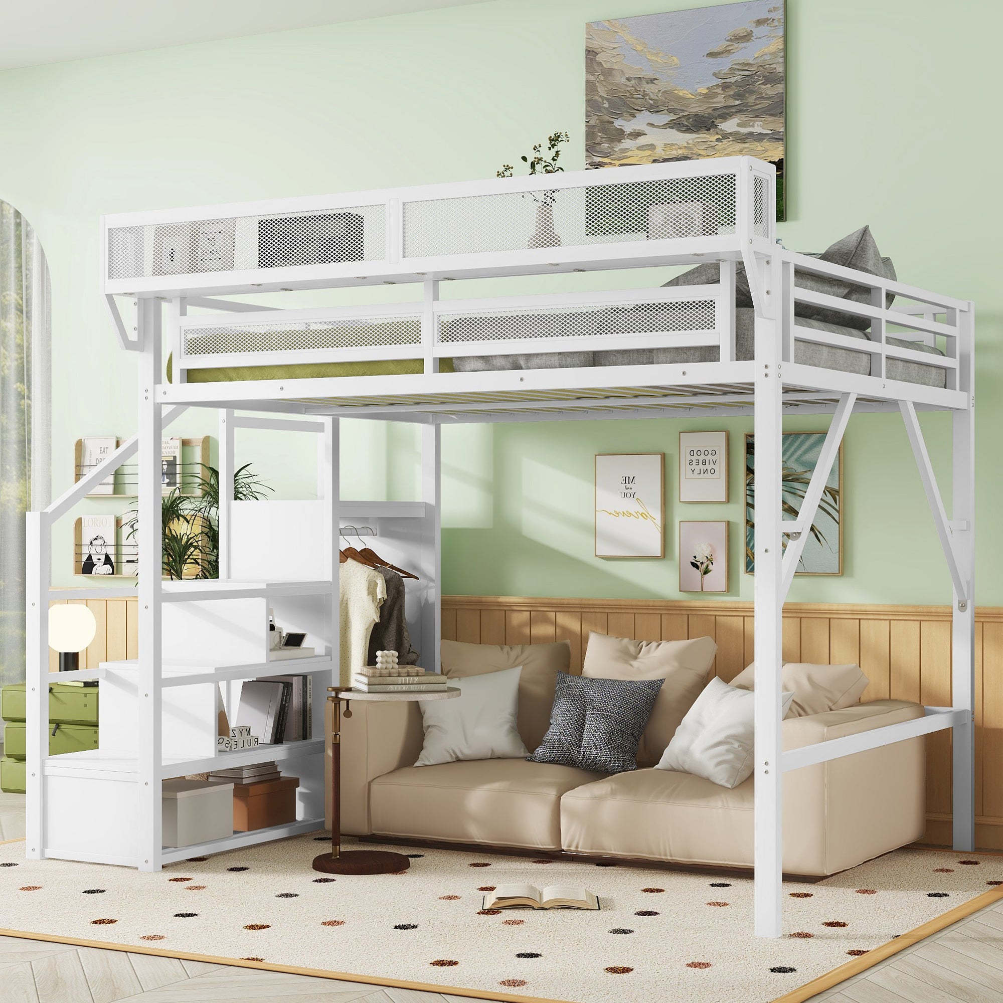 Queen Size Loft Bed with Stairs and Storage Shelves