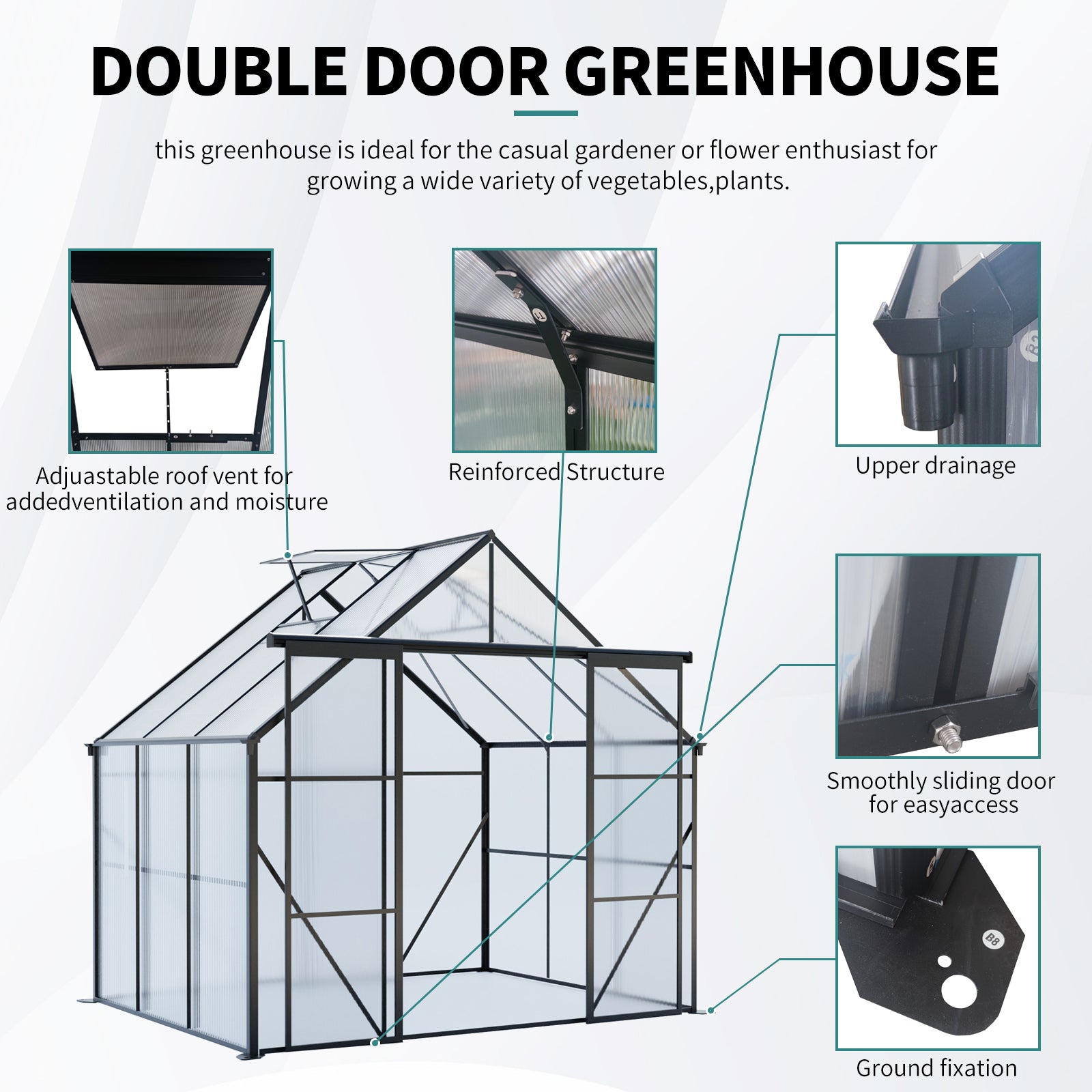8X6FT Black Double Door Polycarbonate Greenhouse