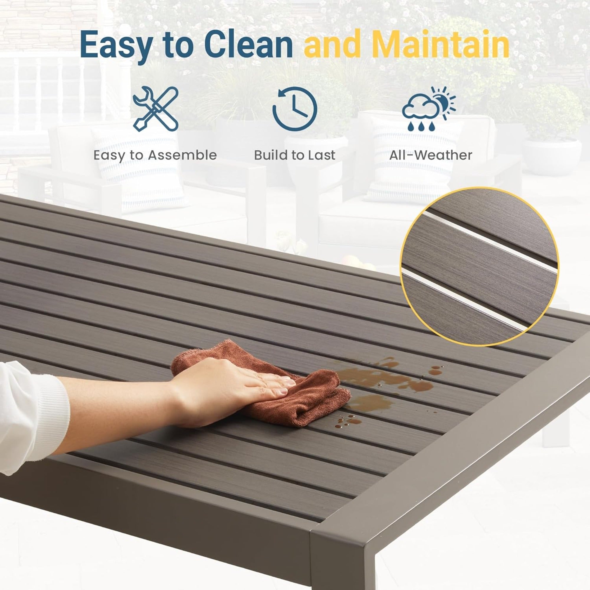 43" x 24" All-Weather Metal Outdoor Coffee Table with Wood-Look Top
