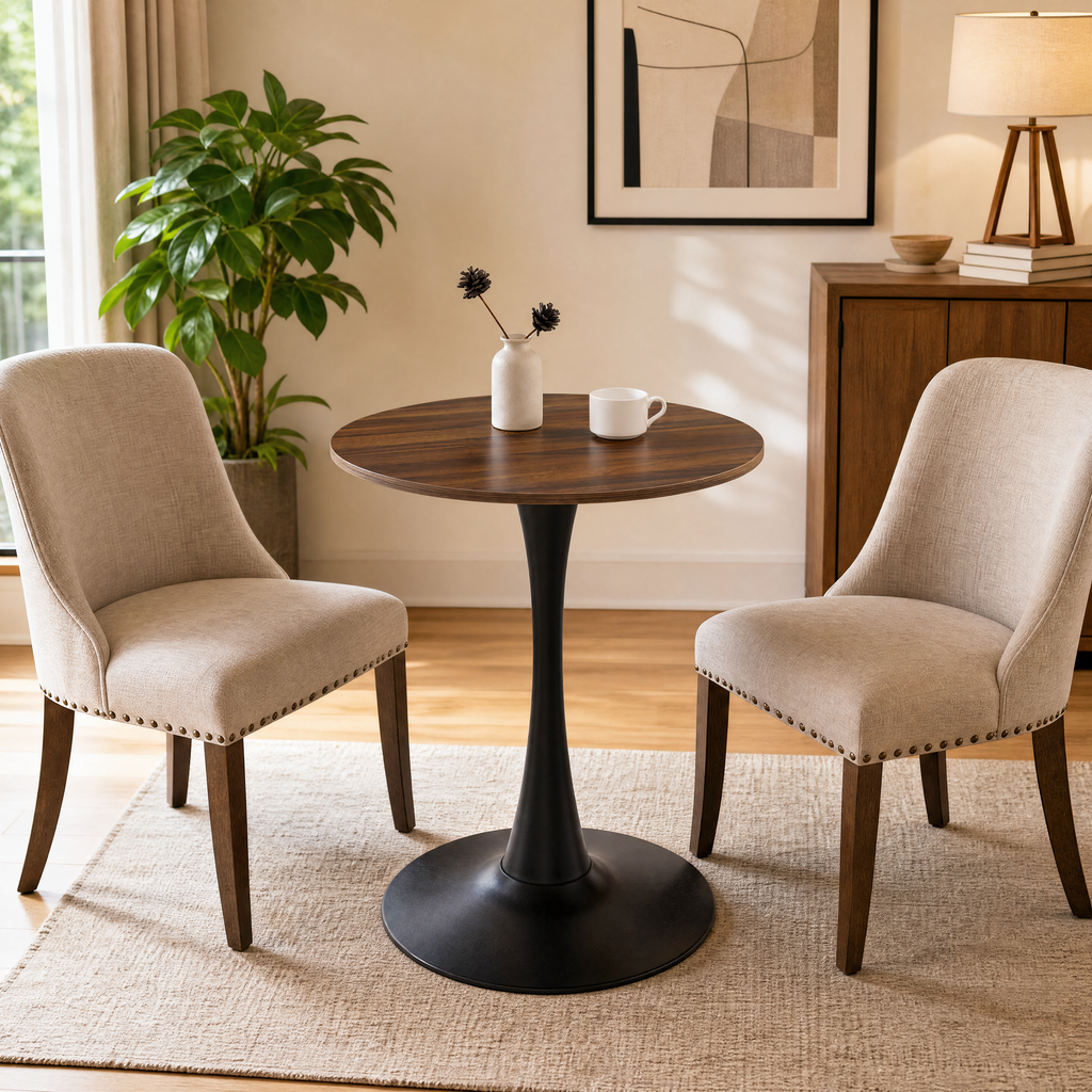 Dark Wood Grain Round Dining Table, 24-Inch, MDF and Metal Base
