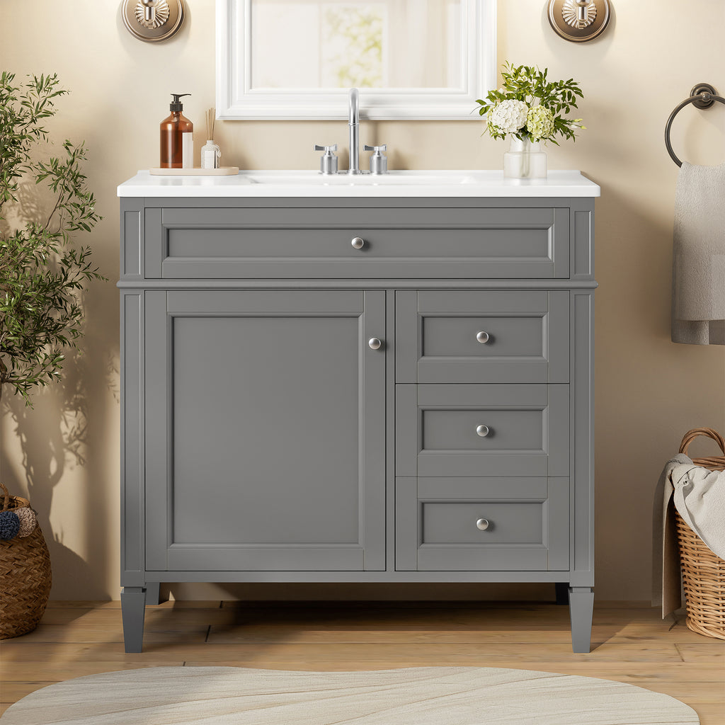 36-Inch Bathroom Vanity with Ceramic Sink, Grey, Modern Storage Cabinet