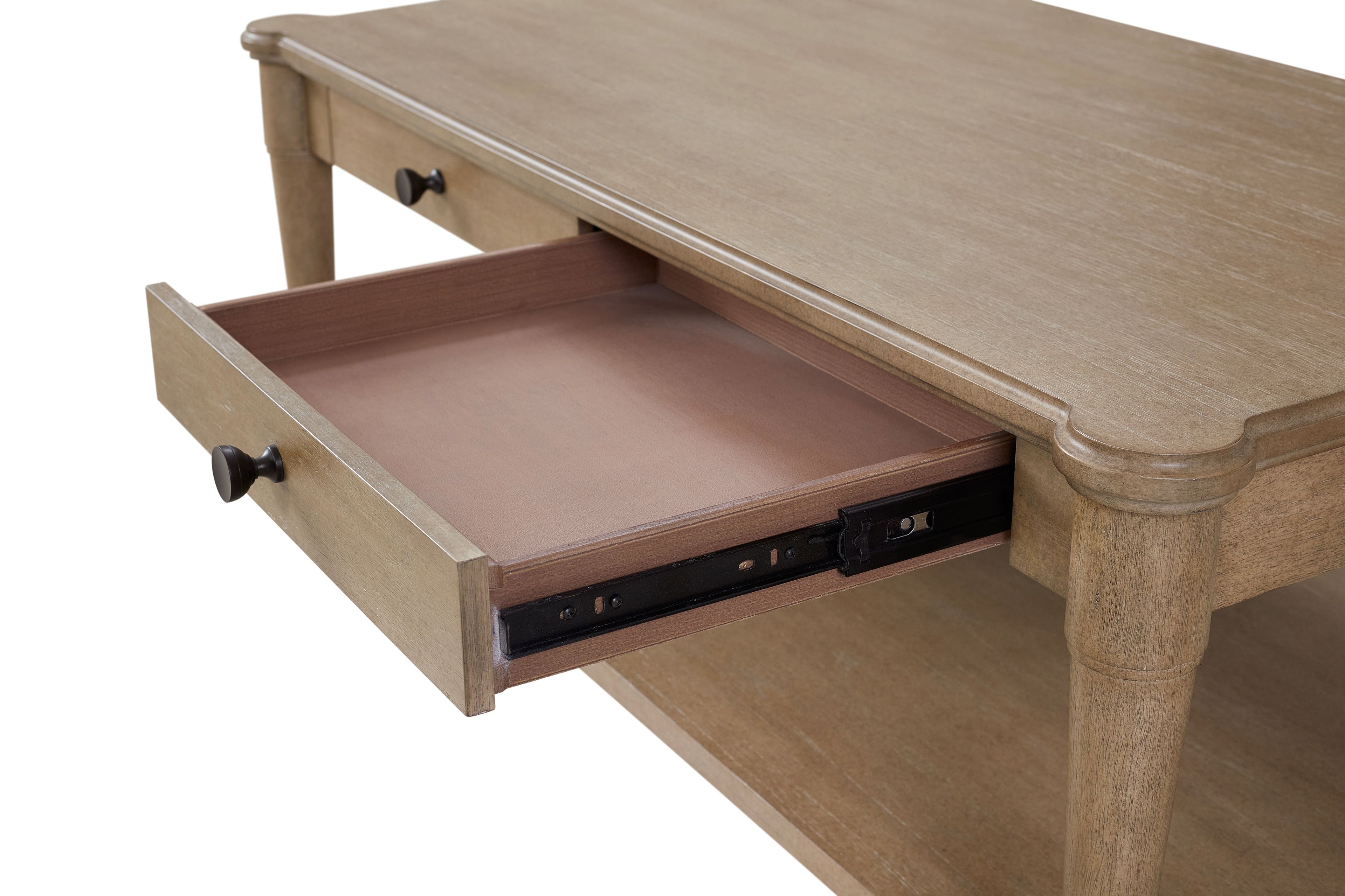 Sand Colored Cocktail Table With Two Storage Drawers and Casters