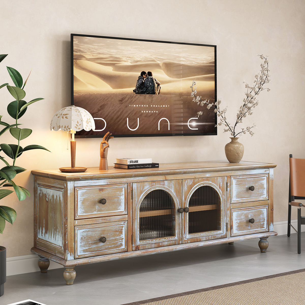 60" Farmhouse TV Stand with 4 Drawers & 2 Glass Doors, Rustic Wood Media Console, Distressed Entertainment Center for TV