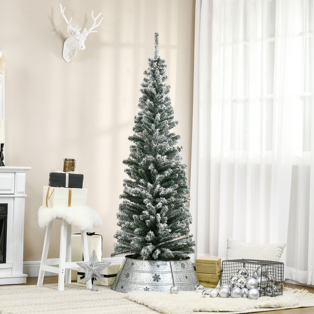 HOMCOM 6' Tall Unlit Snow-Flocked Slim Artificial Christmas Tree
