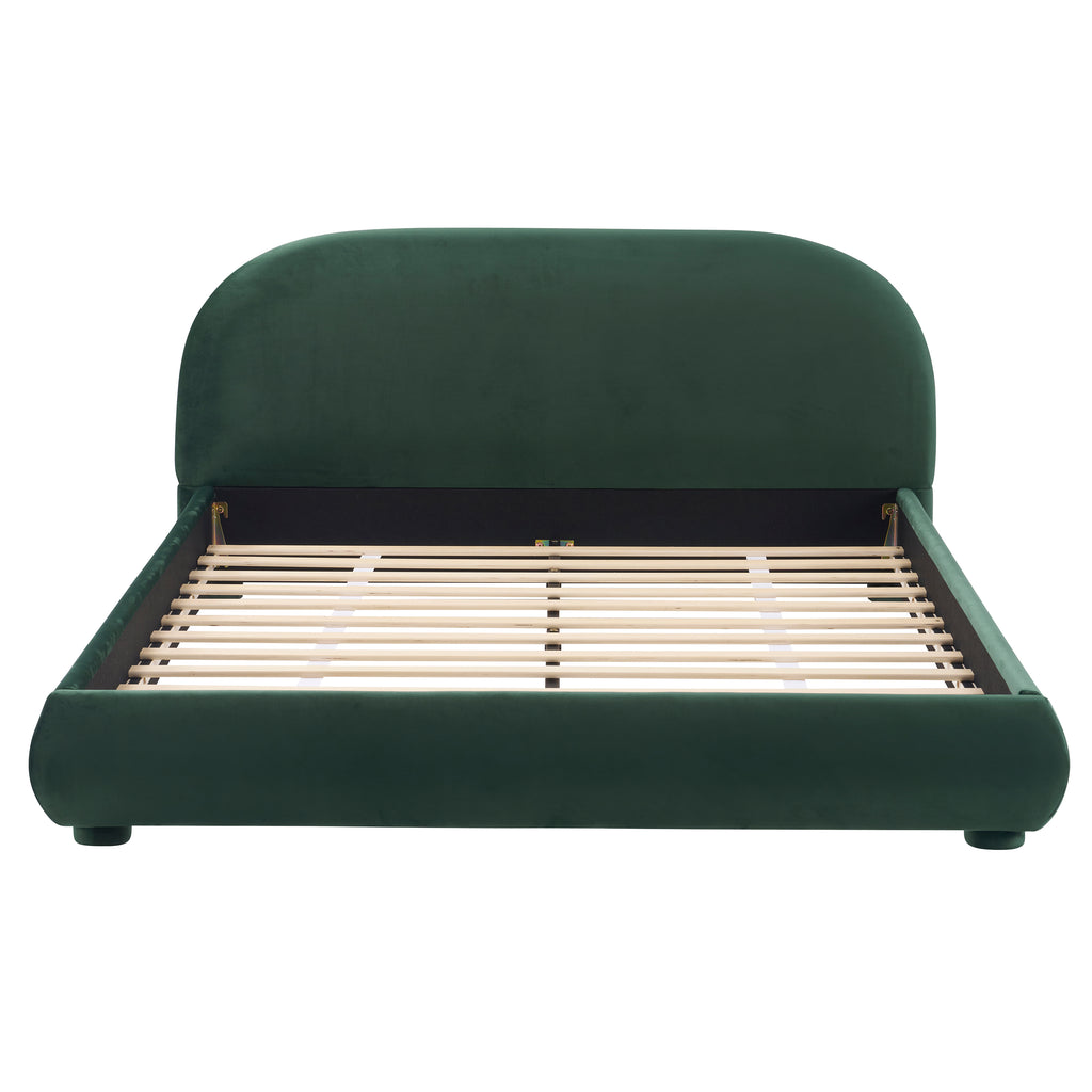 Dark Green Velvet Queen Bed with Curved Headboard