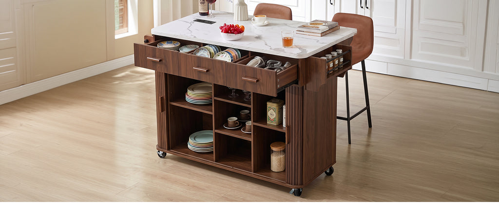 K&K 53.6" Kitchen Island with Drop Leaf, Rolling Cart on Wheels, Walnut Brown