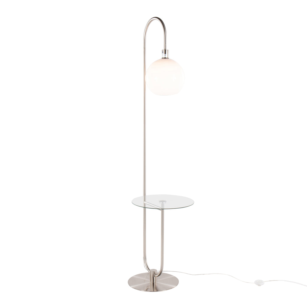 Trombone Contemporary Floor Lamp in Nickel Metal with Clear Glass Shelf