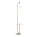 Trombone Contemporary Floor Lamp in Nickel Metal with Clear Glass Shelf