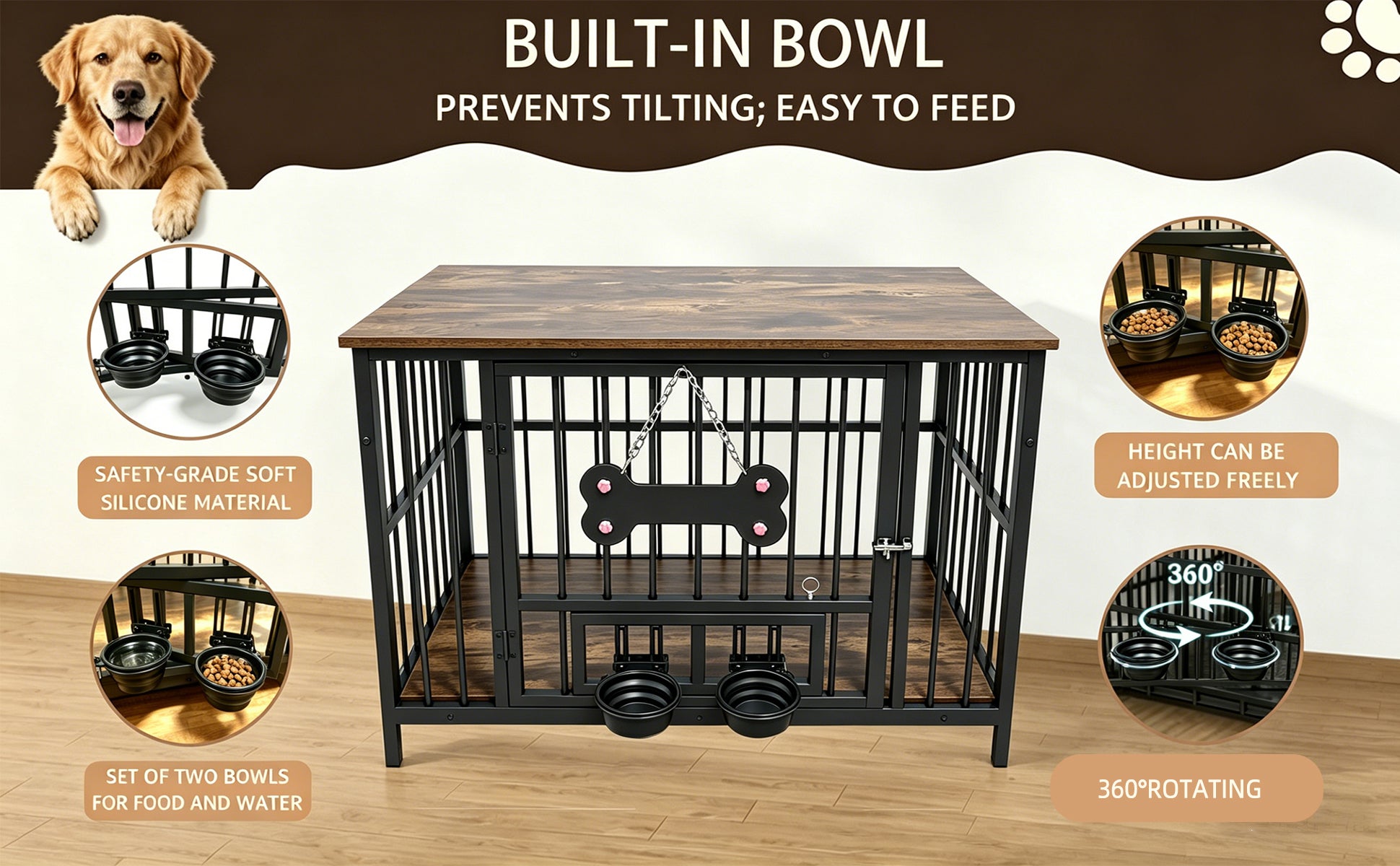 Vintage Wood Grain Dog Cage with 360 Degree Rotating Bowl