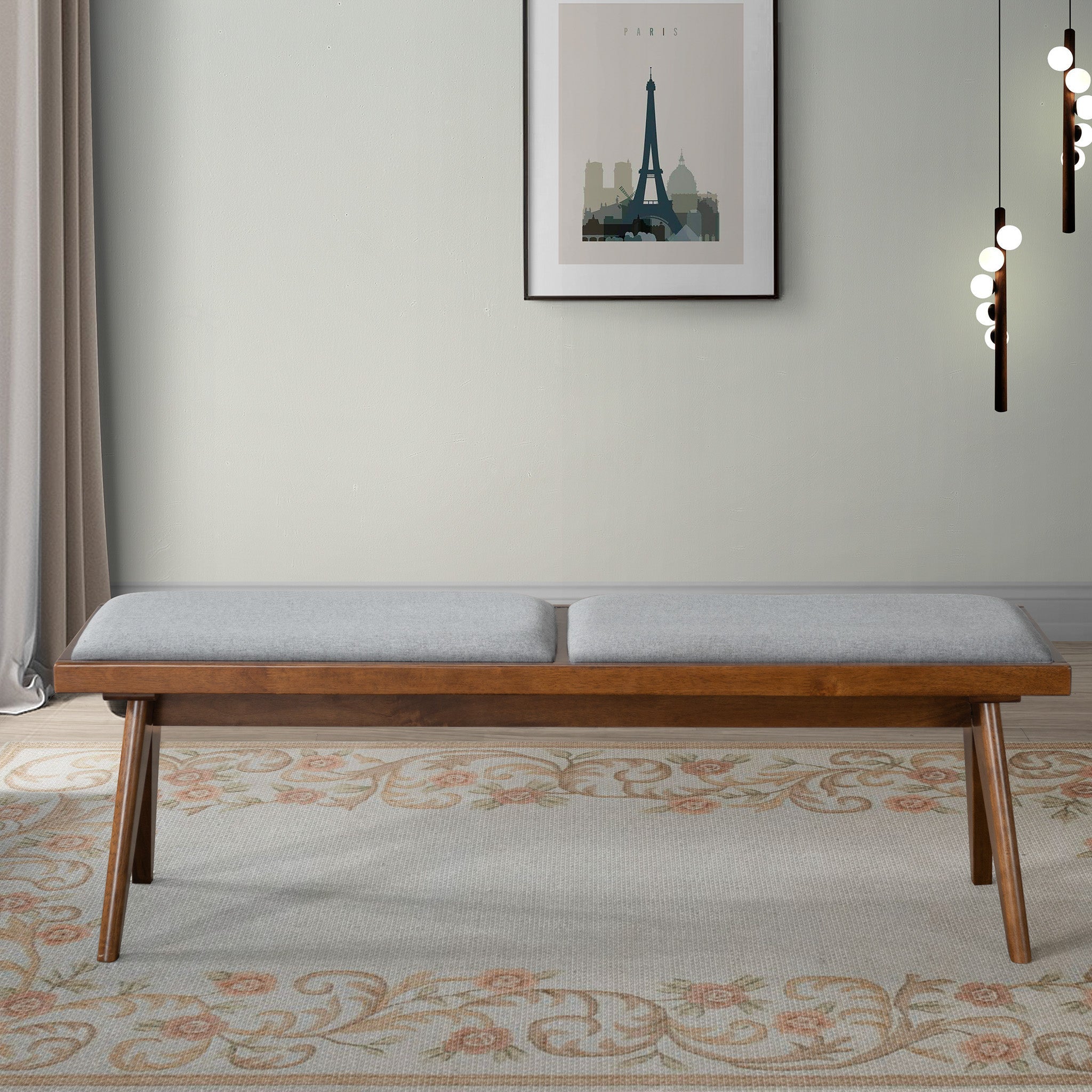 Keira Solid Wood Bench with Grey Fabric