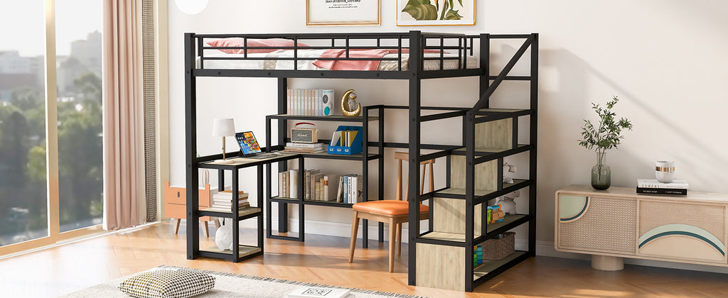 Full Size Metal Loft Bed with Staircase, Built-in Desk and Shelves