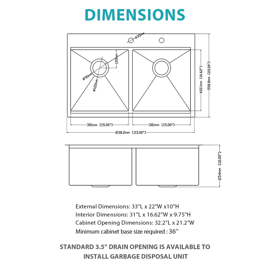 Topmount Drop In Kitchen Sink - 33"x 22"