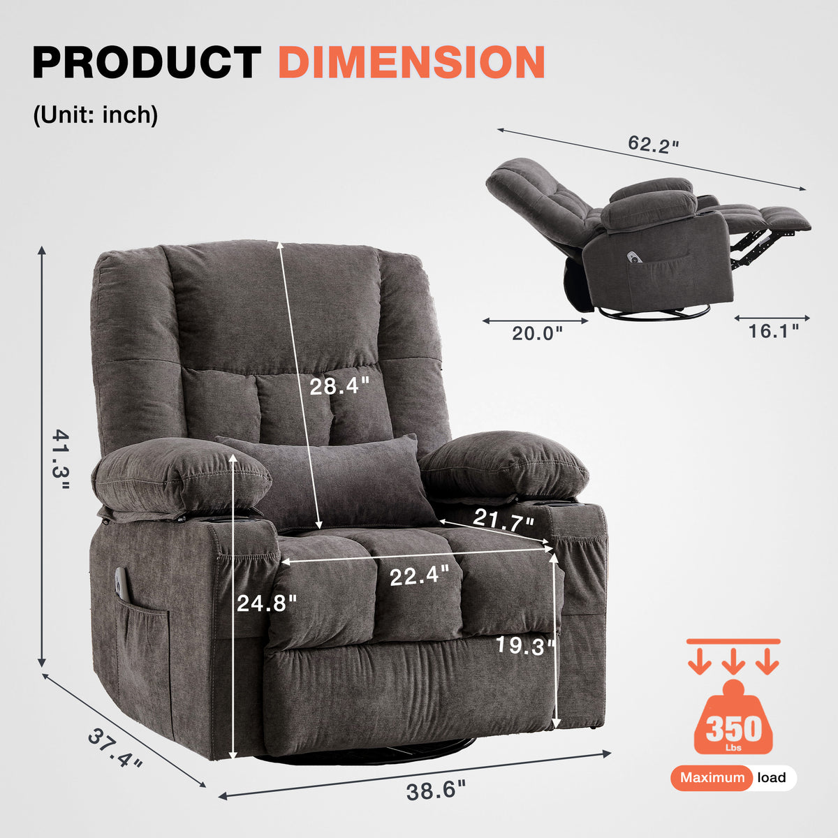 Massage Swivel Rocker Recliner Chair with Vibration Massage and Heat Ergonomic Lounge Chair for Living Room with Rocking Function and Side Pocket, 2 Cup Holders, USB Charge Port