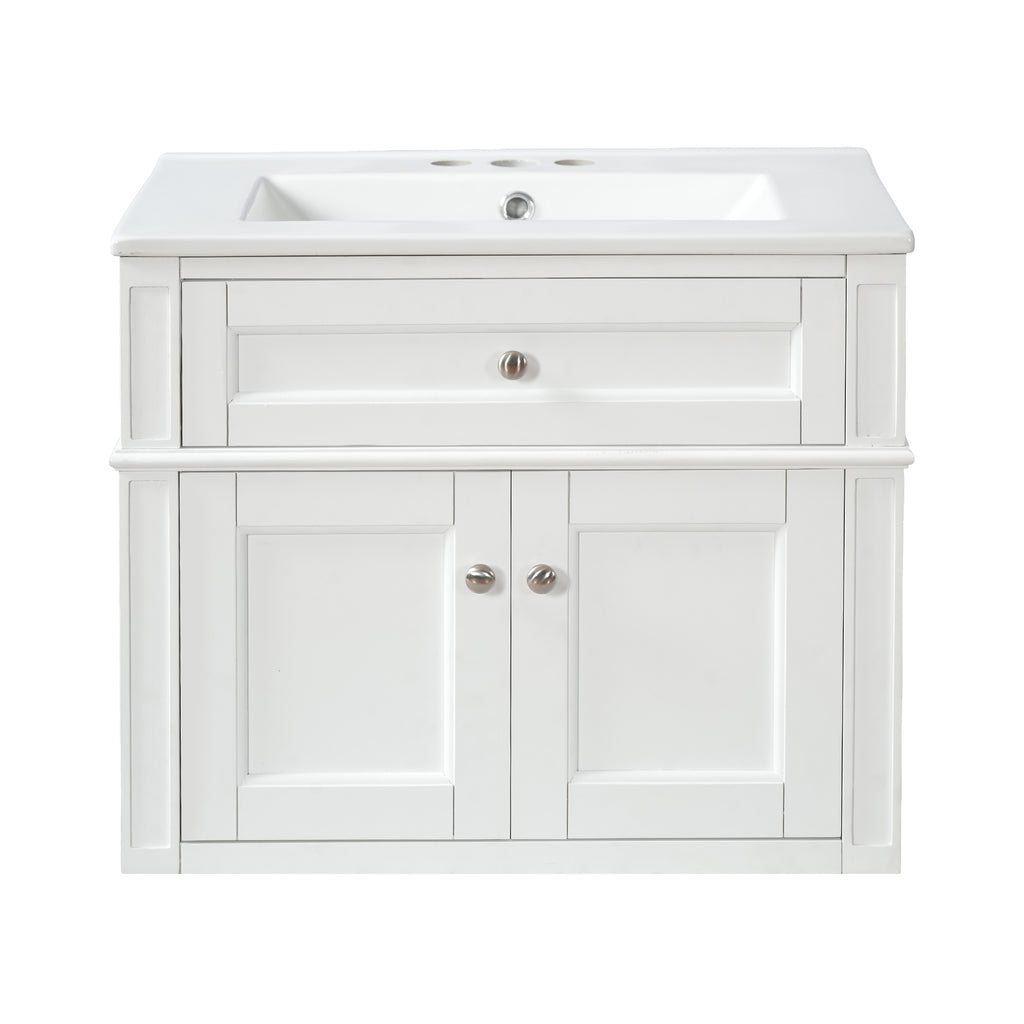 24-Inch Wall-Mounted Bathroom Vanity with Ceramic Sink and Soft-Close Doors, White