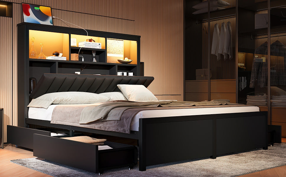 King Bed Frame with High Storage Headboard