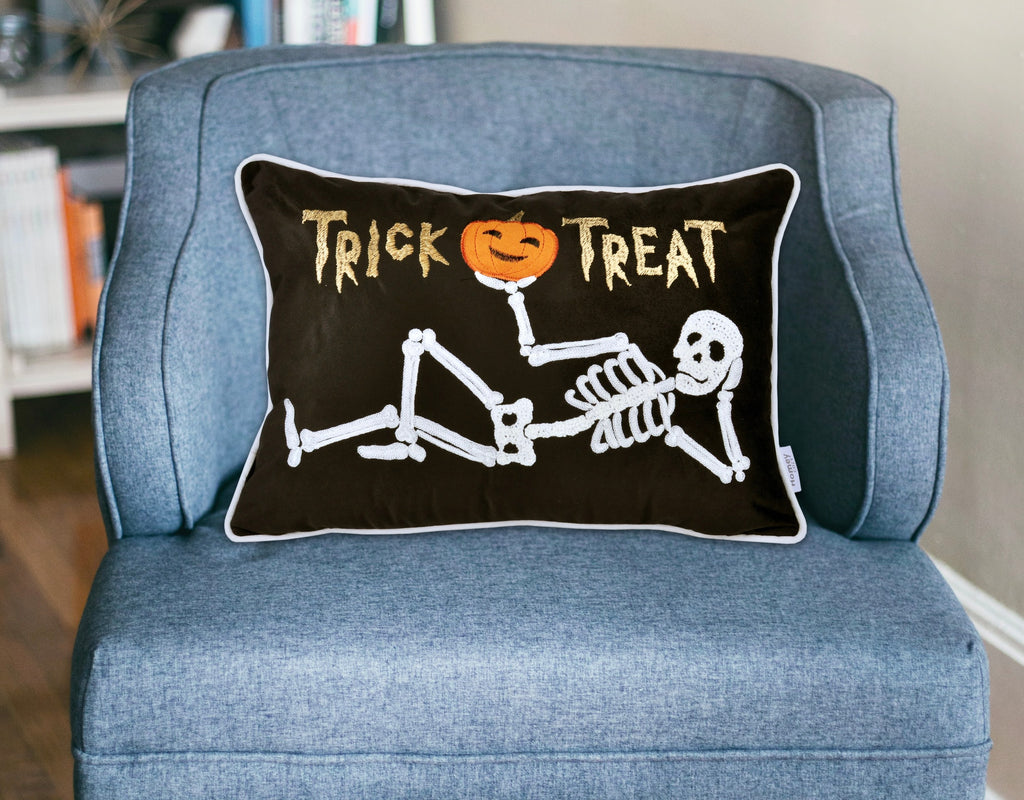 Trick or Treat Skeleton Velvet Throw Pillow – Halloween Lumbar Accent Set of 2