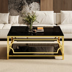 Square Glass Coffee Table in 33.5" with Luxurious Geometric Metal Frame