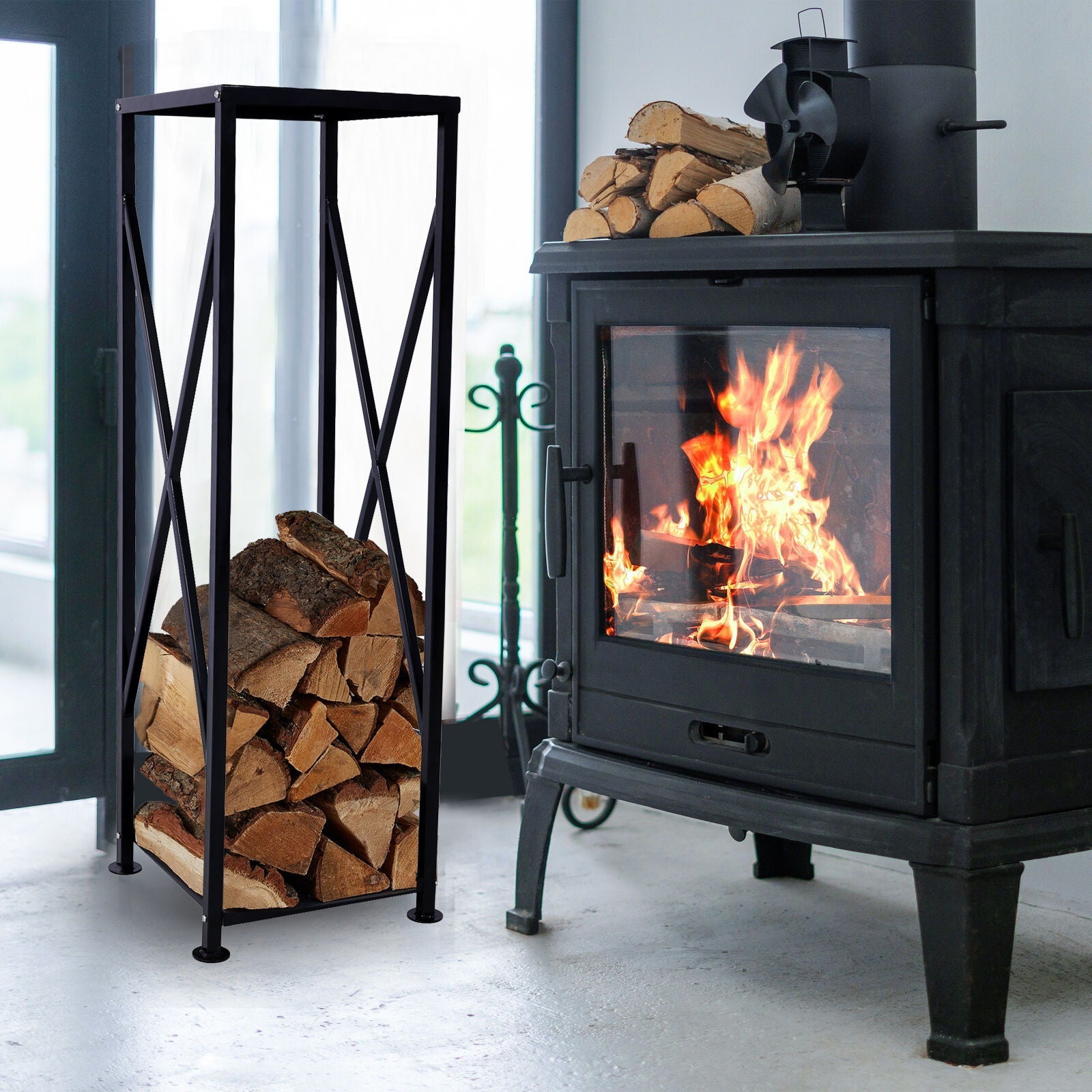 Decorative Firewood Storage Log Rack Holder For Outdoor Indoor Fireplace Fireplace Storage Log Rack Holder Wood Storage Logs Holder Fireside Holders - Black