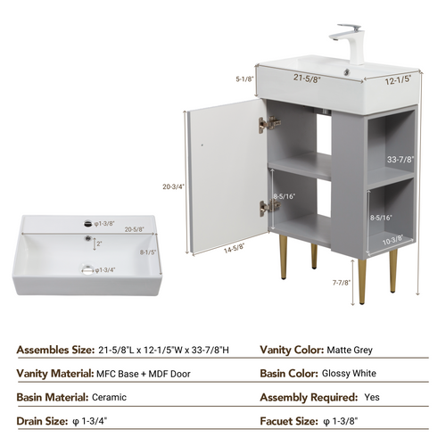 21.6" Open-Shelving Vanity with Ceramic Sink